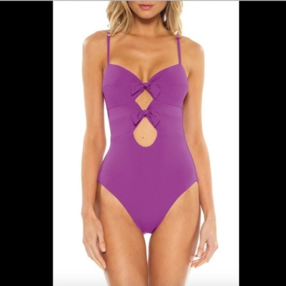 Becca Purple Bow Tie Cutout One-Piece Swimsuit L